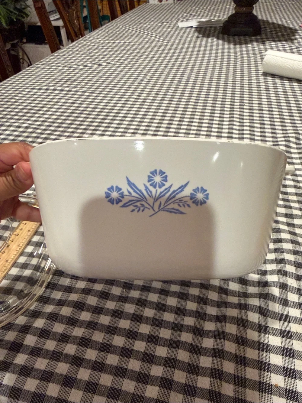 Corningware White Casserole Dish with Blue Floral Pattern and Clear Glass Lid